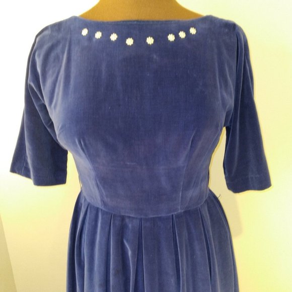 Vtg 50s Leo Daniel Velvet Circle Dress Blue modern 8 - Picture 2 of 9